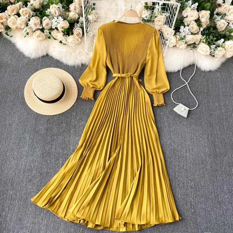 Woman Dress Elegant Office Lady Pleated Dress With Belt Round Neck Long Sleeve Long Dresses For Women Spring Autumn Clothing 1022