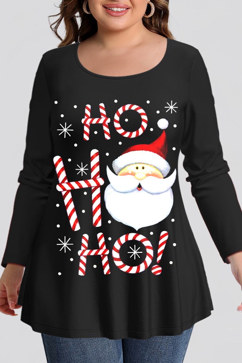 Flycurvy Plus Size Christmas Casual Black Santa Claus Snowflake Print T-Shirt  ol'; S . - R l . i rf, - % .m Wm - I . . 