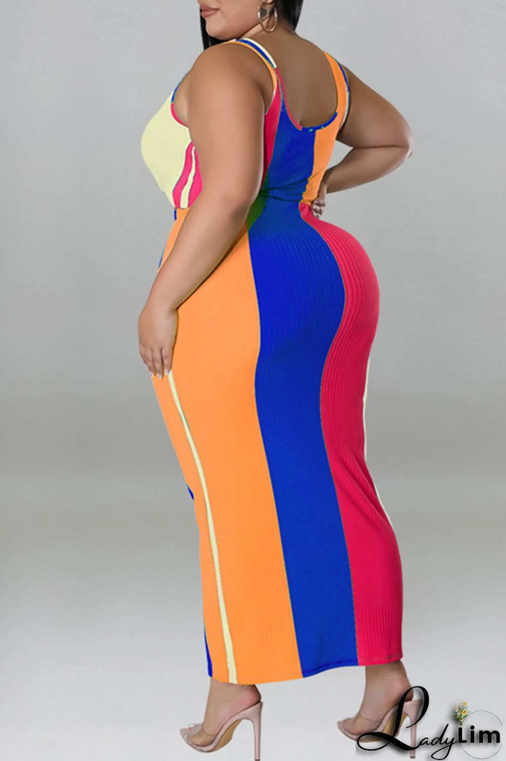 Blue Fashion Casual Striped Print Patchwork Contrast U Neck Plus Size Two Piece Set