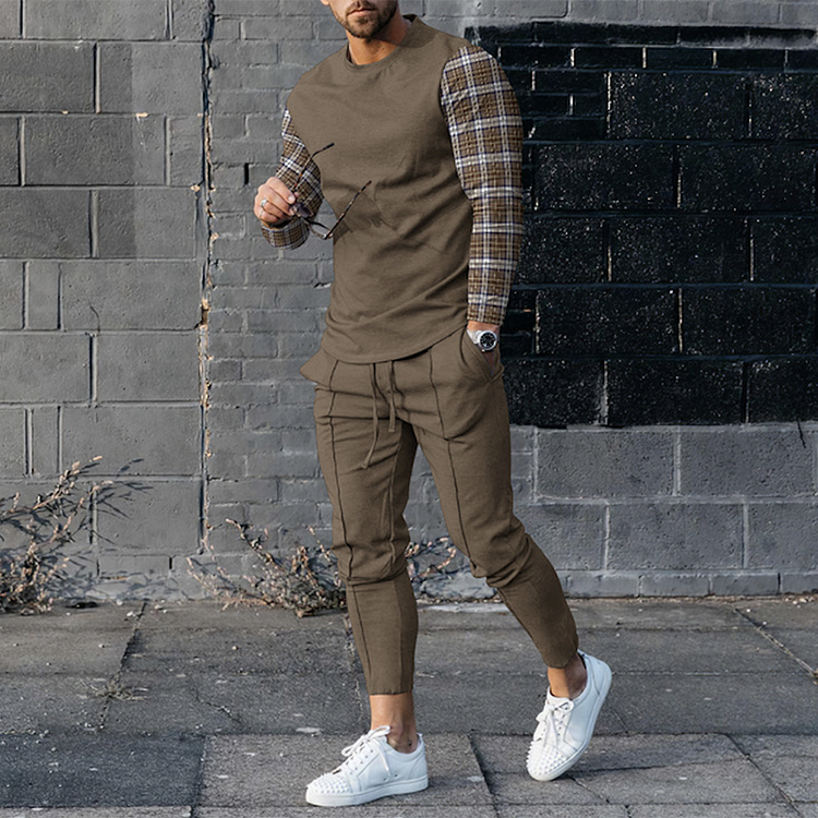 Hiboyz Men's Fine Check Long Sleeve T-Shirt And Pants Two Piece Set
