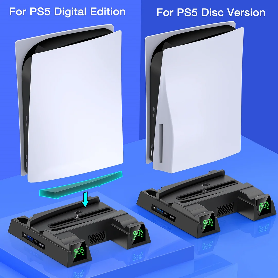 DinoFire Vertical Stand for PS5 with 2 Cooling Fan, Controller Charging Station for PS5 Dualsense/Digital/Disc Edition