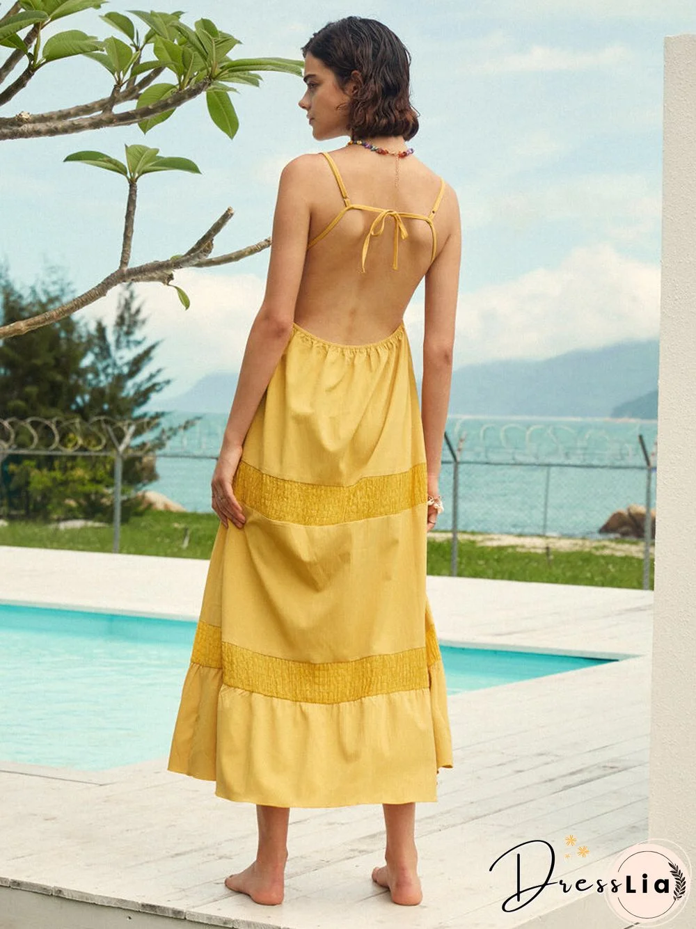 Solid Color Tie Front Open Back Spaghetti Strap Maxi Dress