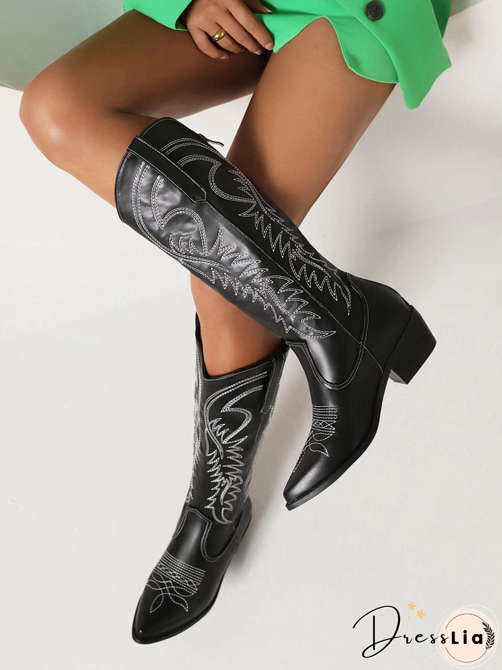 Embroidered Panel Plush Warm Pointed-Toe Cowboy Boots