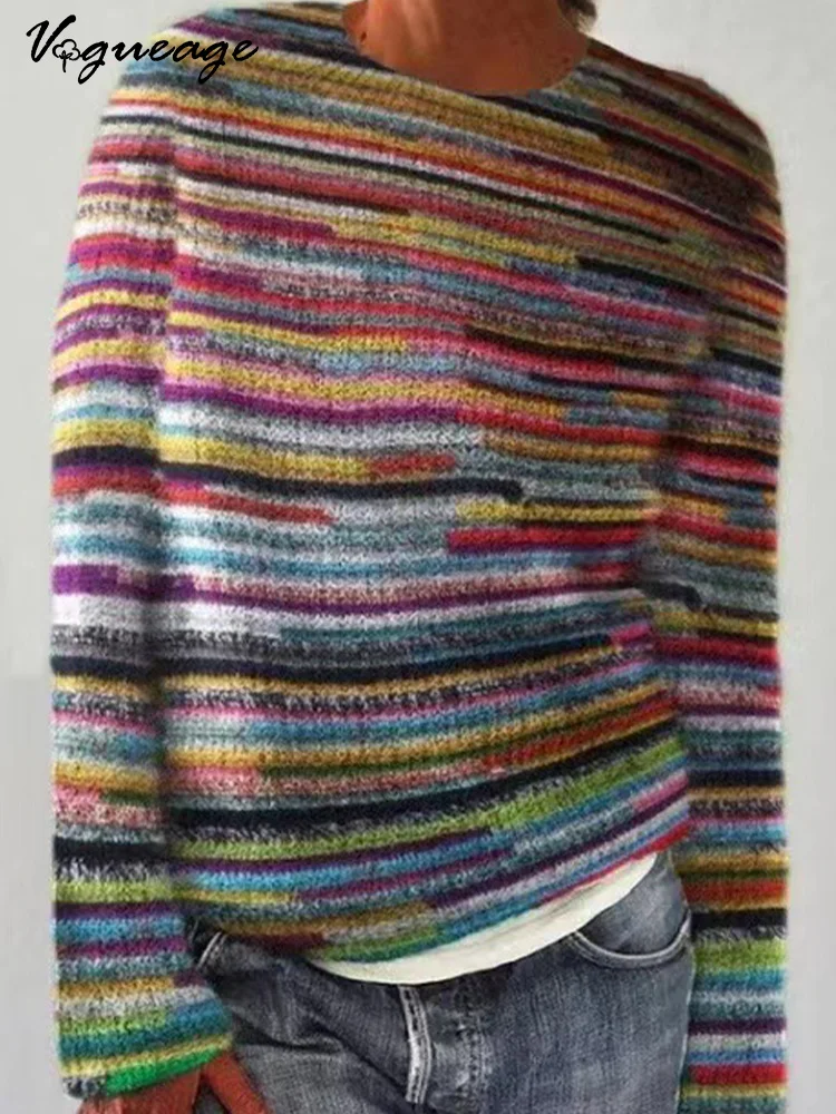 Fashion Striped Stitching Casual Long-Sleeved Knitted Sweater