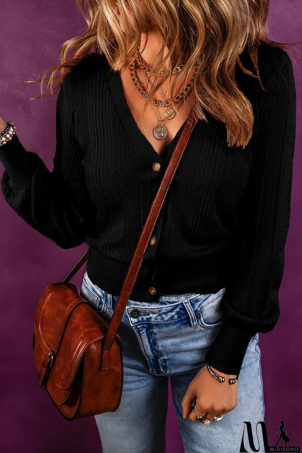 MidiSono - Black V Neck Buttoned Textured Sweater Cardigan