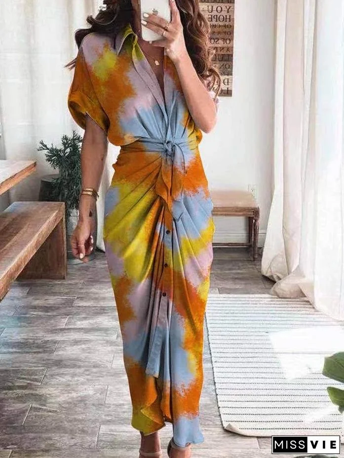 Casual Multicolor Printed Button Shirt Dress