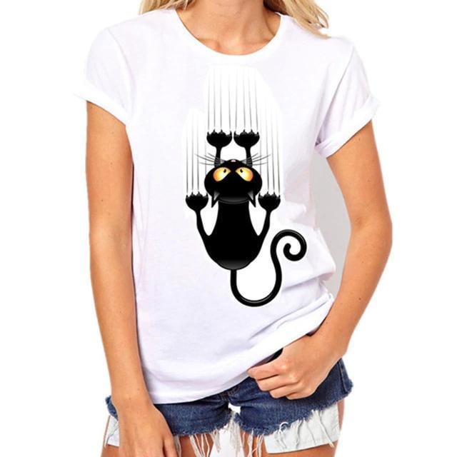 Women T Shirt Short Sleeve O-neck Casual Funny Black Cat Tops Tees - VSMEE