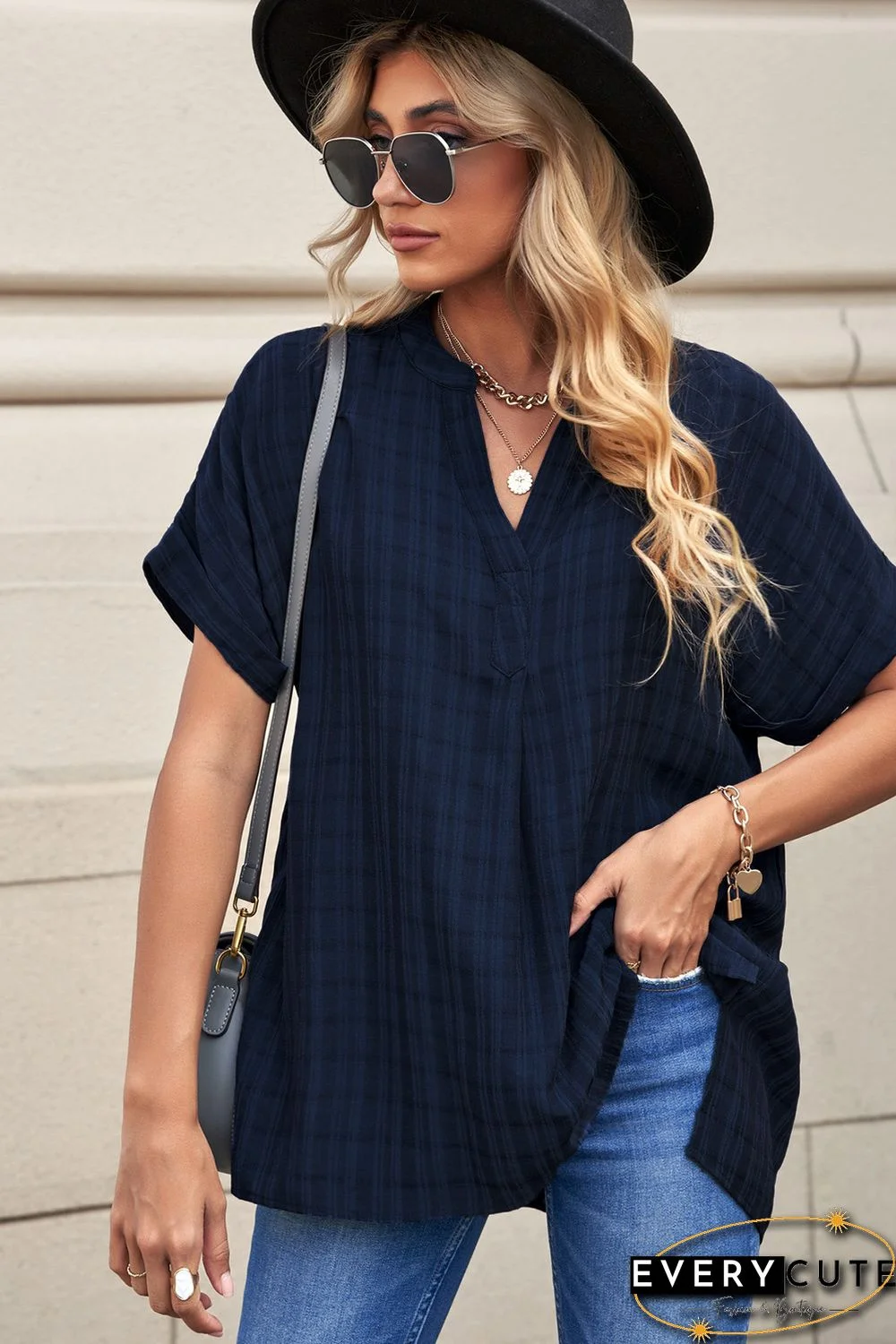 Navy Plaid Print Loose V Neck Short Sleeve Shirt with Slits