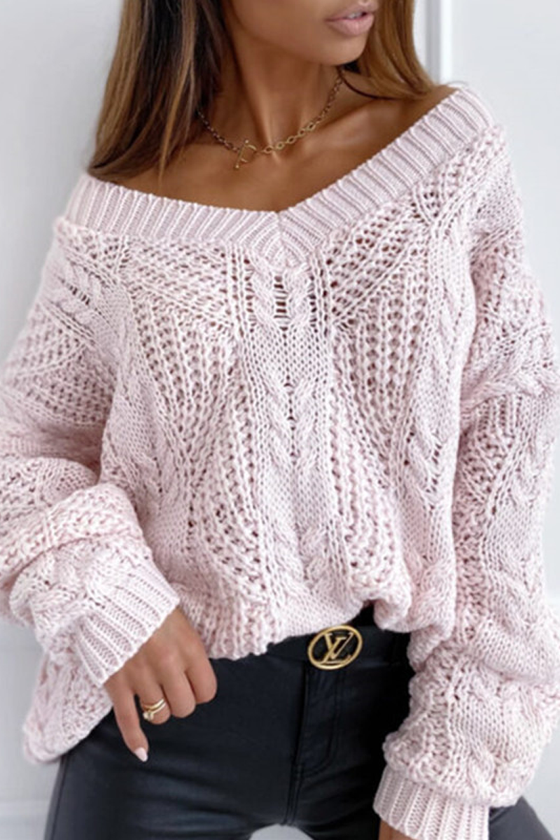 Plain V-Neck Hollow Out Sweater