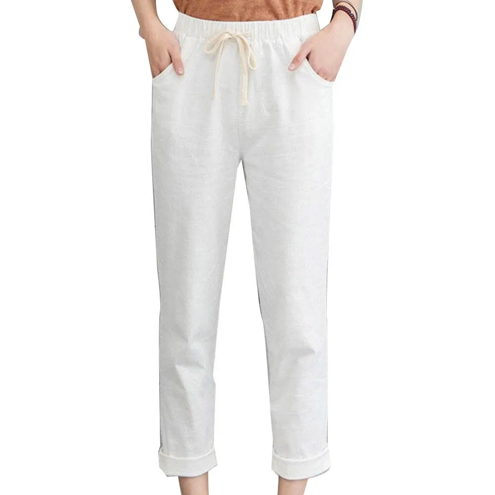 New Women Casual Spring Autumn Big Size Long Trousers Solid Elastic Waist Cotton Linen Pants Ankle Length Solid Color Haren Pant