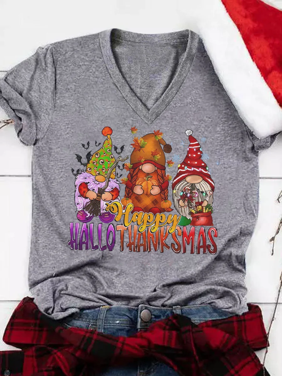 Happy Hallothanksmas Gnomes Print Holiday V-neck T-Shirt
