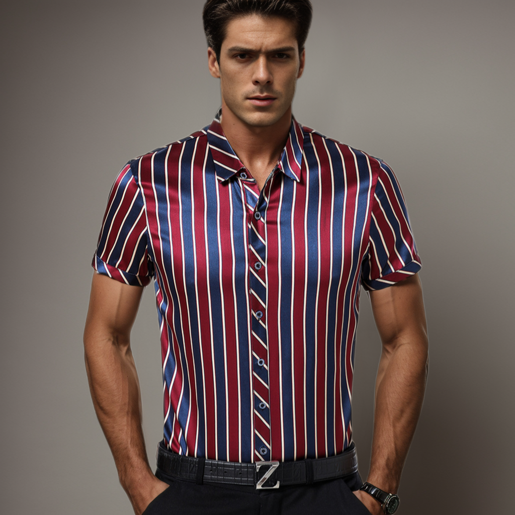 No-Iron Wrinkle-Free Men's Silk Shirt Strips Pattern Style Short Sleeves REAL SILK LIFE