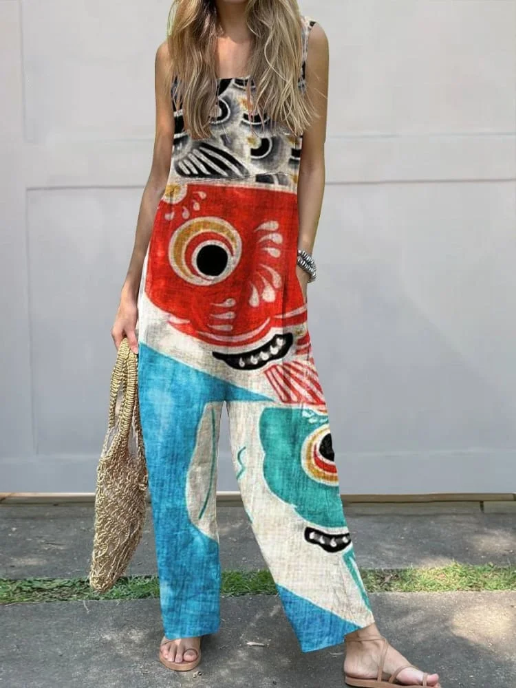 Women's  Retro Fish  Art  Print Casual 100% Cotton Wide Leg Jumpsuit