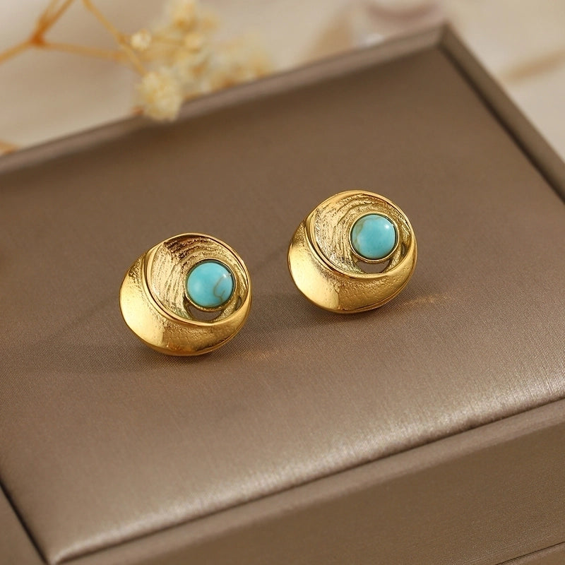 1 Pair Classical French Style Artistic Round Inlay 304 Stainless Steel Turquoise Ear Studs
