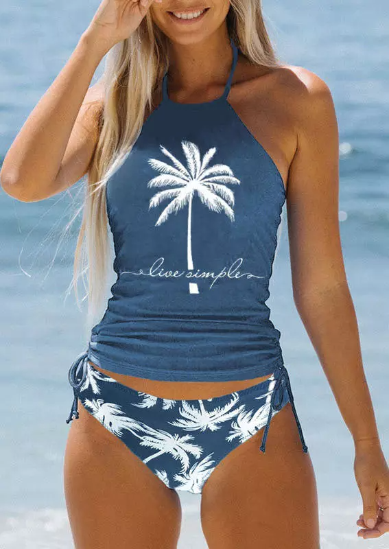 Live Simple Coconut Tree Halter Tankini Set - Blue