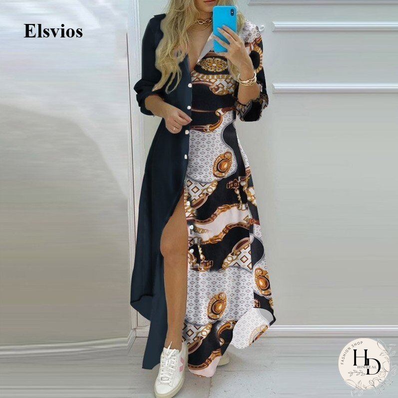 New Spring Summer Striped Split Maxi Dress Casual Turn-Down Collar Button Shirt Long Dress Women Elegant Long Sleeve Party Dress