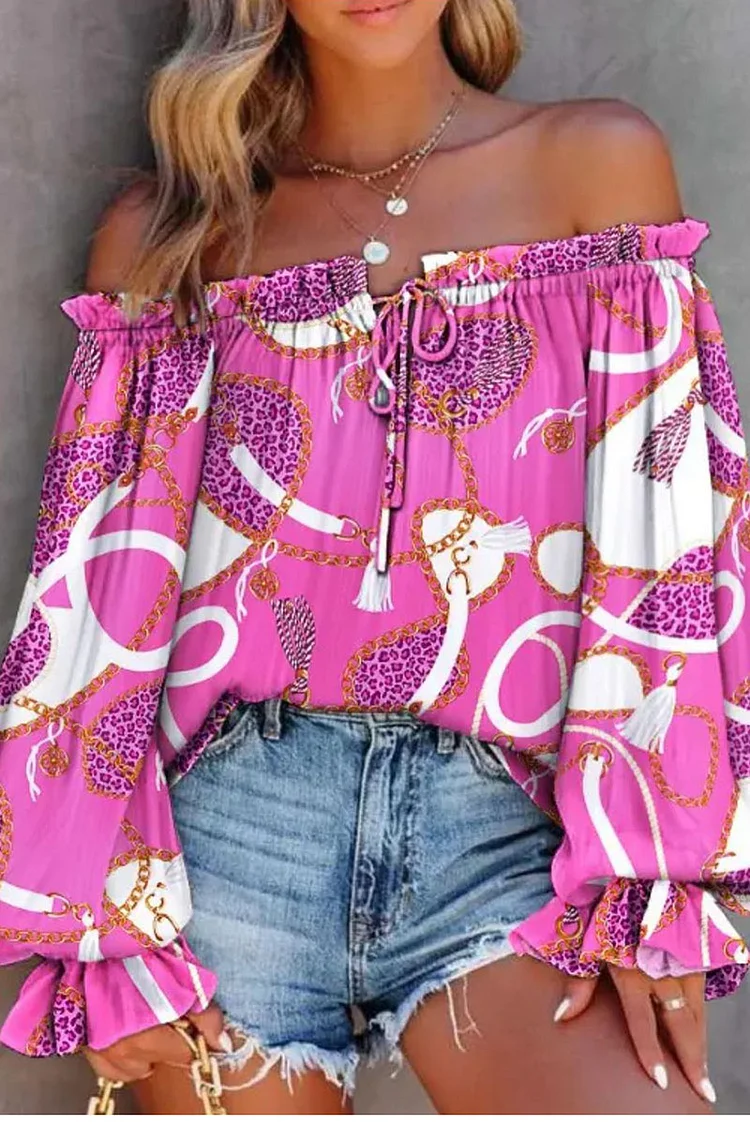 Plus Size Hot Pink Casual Off The Shoulder Fold Print Flare Sleeve Blouses