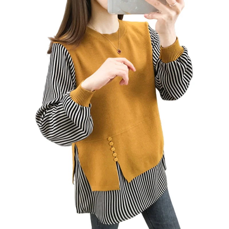 Churchf Churchf Dress 2024 New Loose Coat Sweater Knit Bottom Shirt Jacket Korean Version Fake Two Sets Of Women's Hoodie