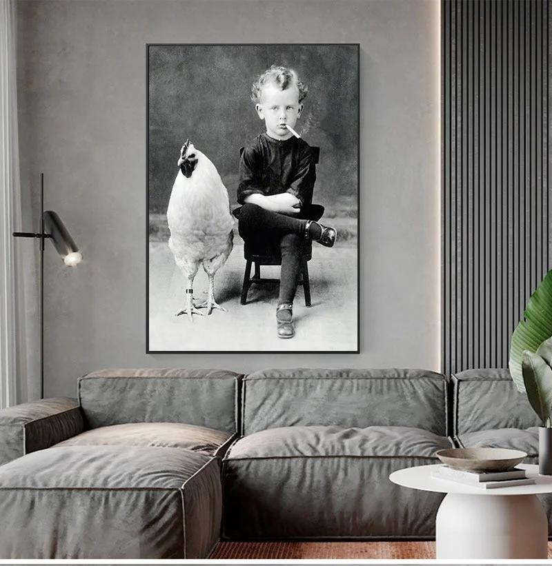 Weird Vintage Photography Poster Prints , Boy Smoking With His Chicken Pet Antique Portrait Art Canvas Painting Wall Art Decor