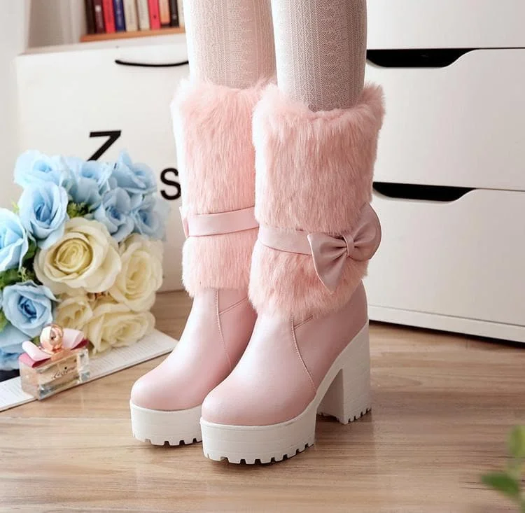 White/Beige/Pink Sweet Fluffy High Heel Boots SP1711037