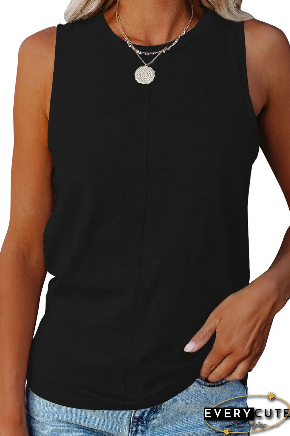 Black Solid Color Crewneck Sleeveless Top