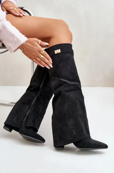 Stylish High Boots with Flap and Block Heel &acirc;&euro;&ldquo; 8.5cm Leather or Suede