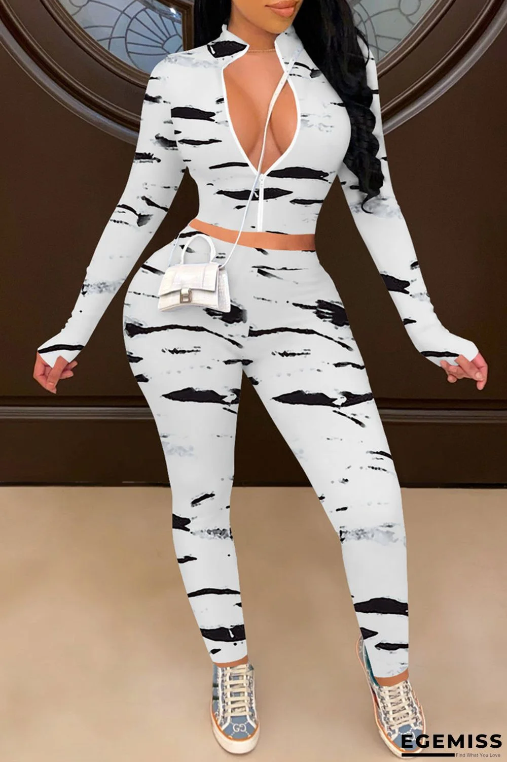 White Fashion Casual Print Patchwork Zipper Collar Long Sleeve Two Pieces | EGEMISS
