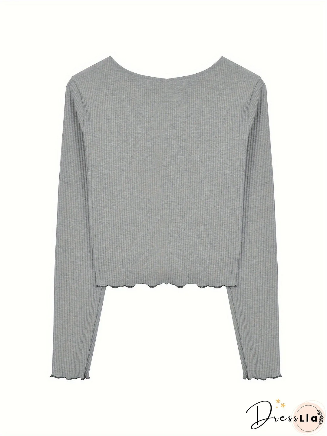 Contrast Lace Trim V-neck Crop Top, Y2K Lettuce Trim Long Sleeve T-shirt, Women's Clothing