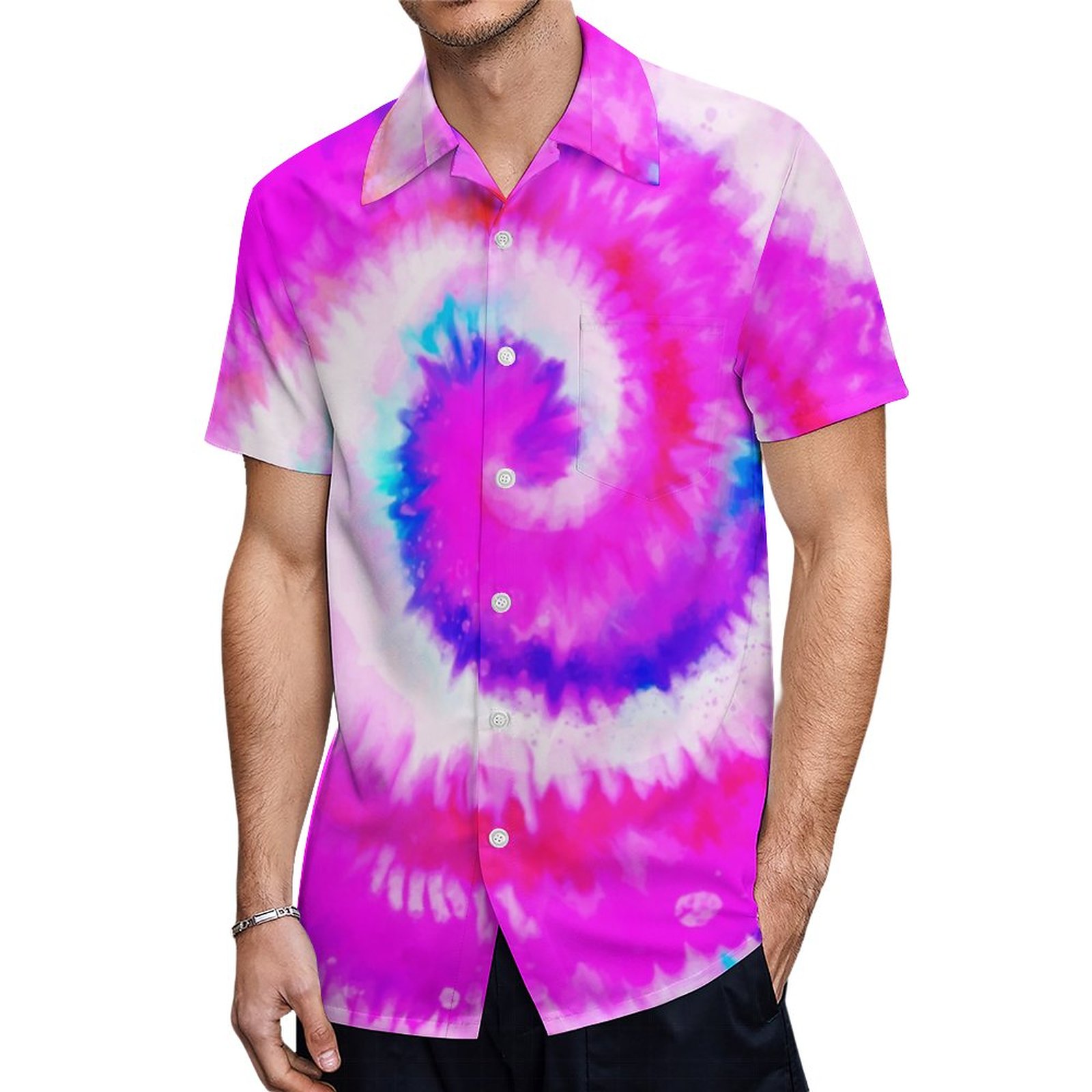 Ombre Tie Dye Rainbow Swirl Fuchsia Hawaiian Shirt Mens Button Down Plus Size Tropical Hawaii Beach Shirts