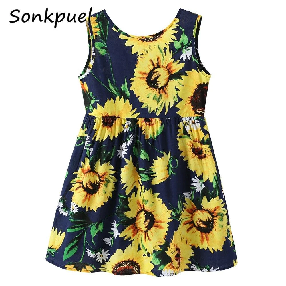 Kids Dress Summer Girl Flower Print Bowknot Back Straps Princess Dress Children Sleeveless Cotton Dresses Baby Girls Clothes