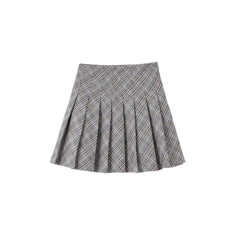 HOUZHOU Vintage Kawaii Pleated Mini Skirts Women Cute High Waisted A-line Plaid Skirt Korean Fashion School Girl Summer Harajuku