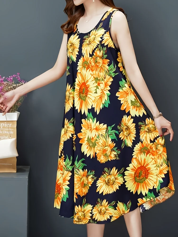 Sunflower Printed Dress, Summer Women's Sleeveless Hem Skirt, Elegant Round Neck Skirt Beach Skirt, Vacation Style