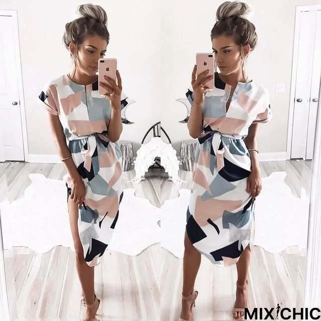 Women Beach Boho Print Batwing Short Sleeve Dress Tunic Bandage Bodycon Midi Dress