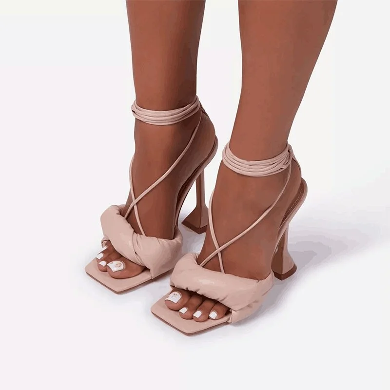 Women Sandals Sexy Summer Shoes Gladiator Clip Toe High Heels Bandage Buckle Strap Pumps Squre Toe Ladies Party Fashion Stiletto