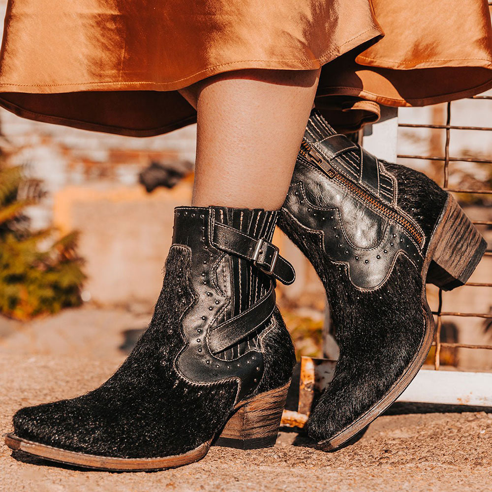 Block Heel Studded Buckle Strap Fur Black Cowgirl Boots for Women Nicepairs