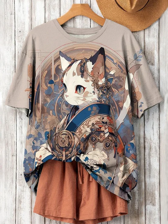 Women's Anime Cat Art Print Casual Short Sleeve T-Shirt
