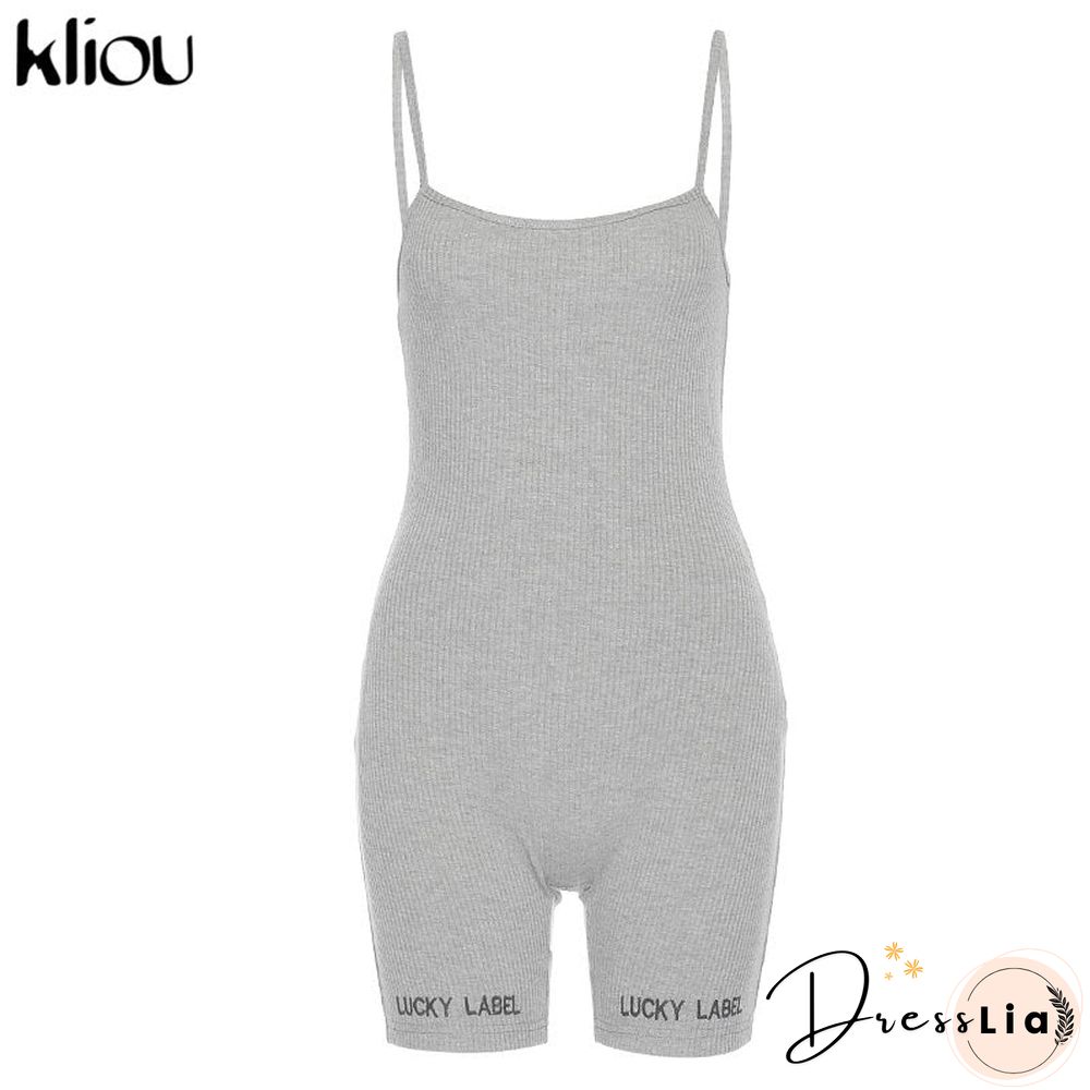 Kliou suspenders rompers women summer playsuit slash neck Letters Embroidery elastic streetwear ribbed sleeveless slim