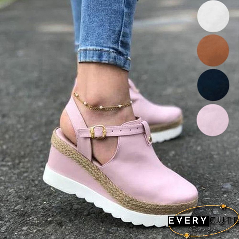 Summer Womens Sweet High Heel Wedge Platform Sandals Metal Button Shoes