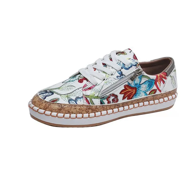 Floral Embroidery Lace-up Muffin Sneakers