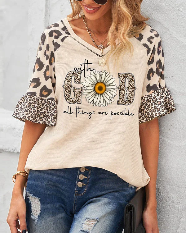 God Floral Leopard V-neck Top