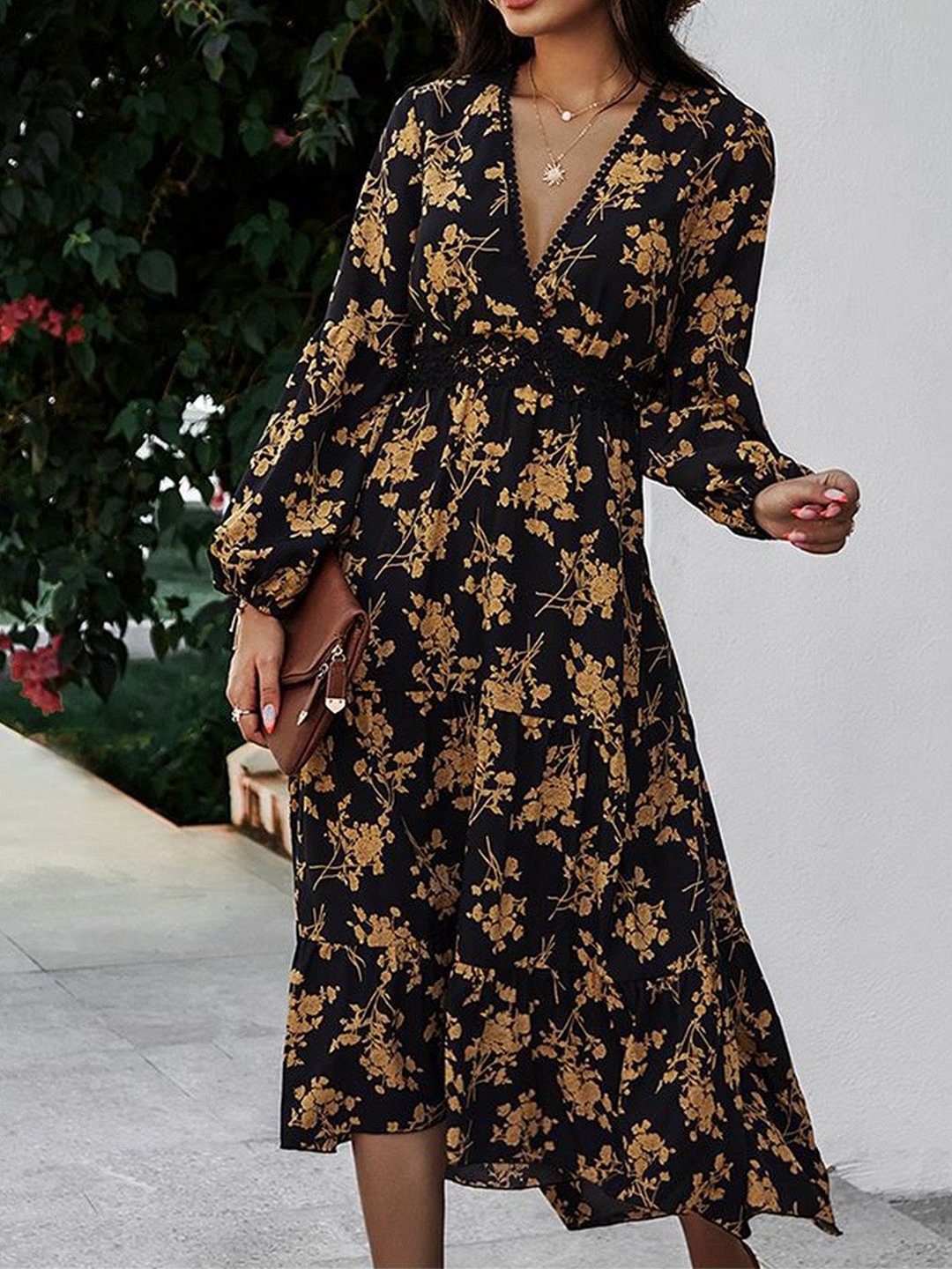 Women Long Sleeve V-neck Floral Printed Dress