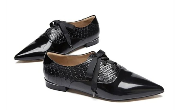 Custom Made Black Lace up Python Pointy Toe Flats Formal Shoes |FSJ Shoes