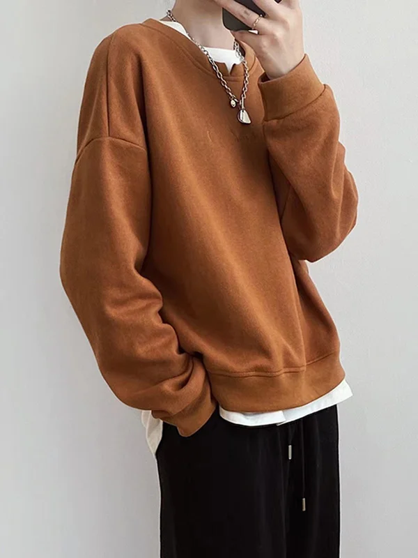 Minimalist Long Sleeves Roomy Embroidered Pure Color Round-Neck Hoodies&Sweatshirt Tops