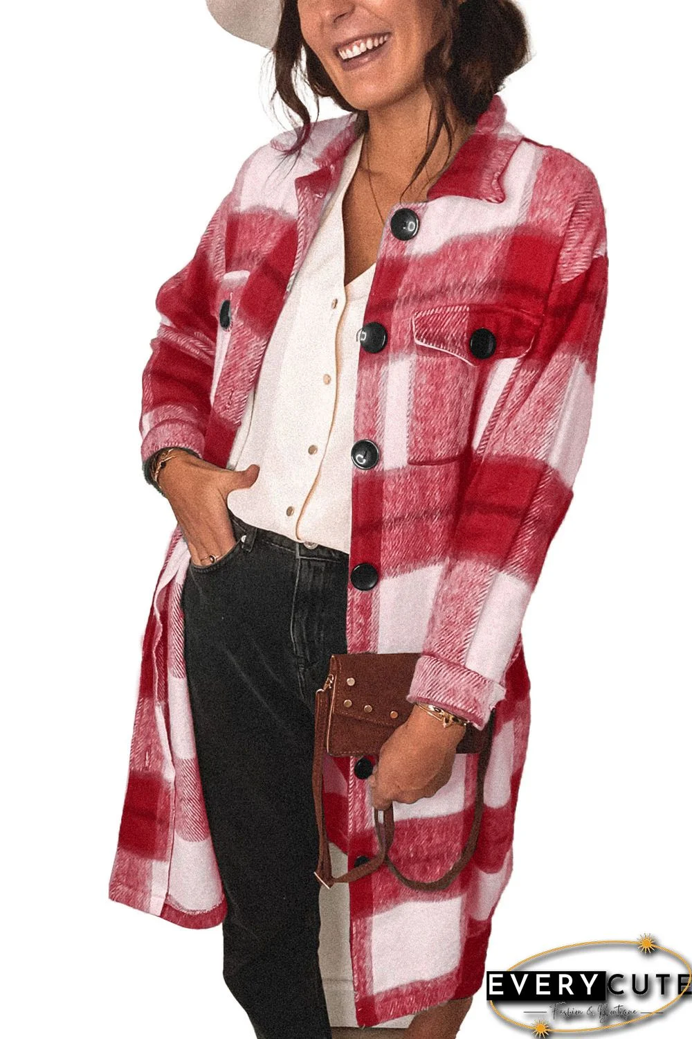 Red Shirt Collar Button Closure Plaid Coat
