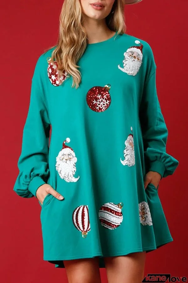 Santa Sequin Pullover Long Sleeve Pocket Mini Dress