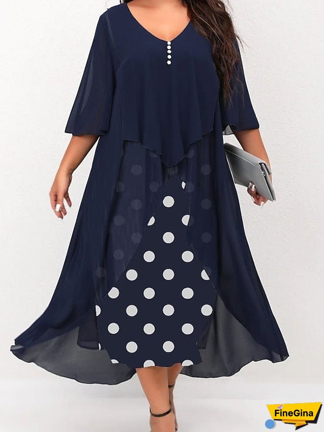 Womens Dress Plus Size Holiday Polka Dot Neck Layered Length Sleeve Spring Fall Elegant