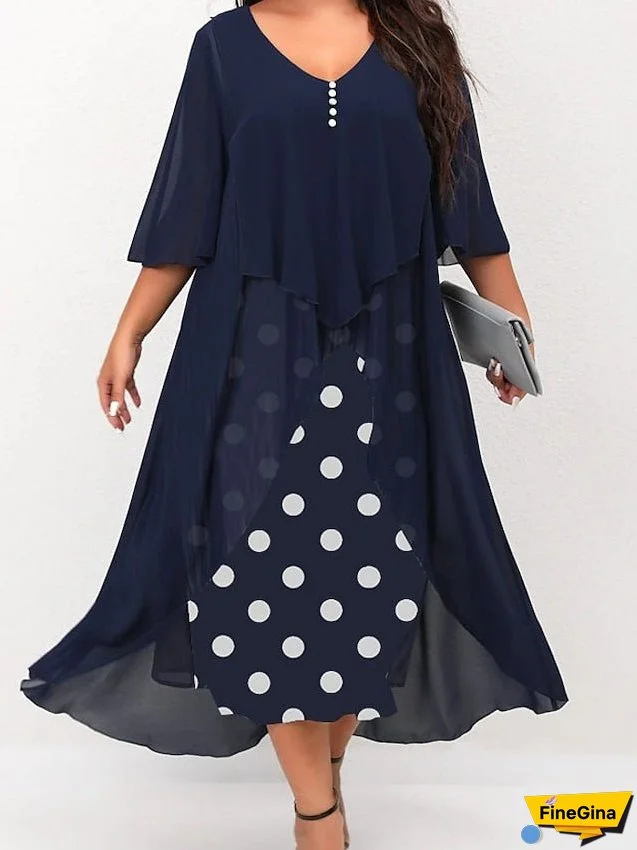 Women's Dress - Plus Size Holiday Dress Polka Dot V Neck Layered 3/4 Length Sleeve Spring Fall Elegant Maxi long Dress Formal Party Dress
