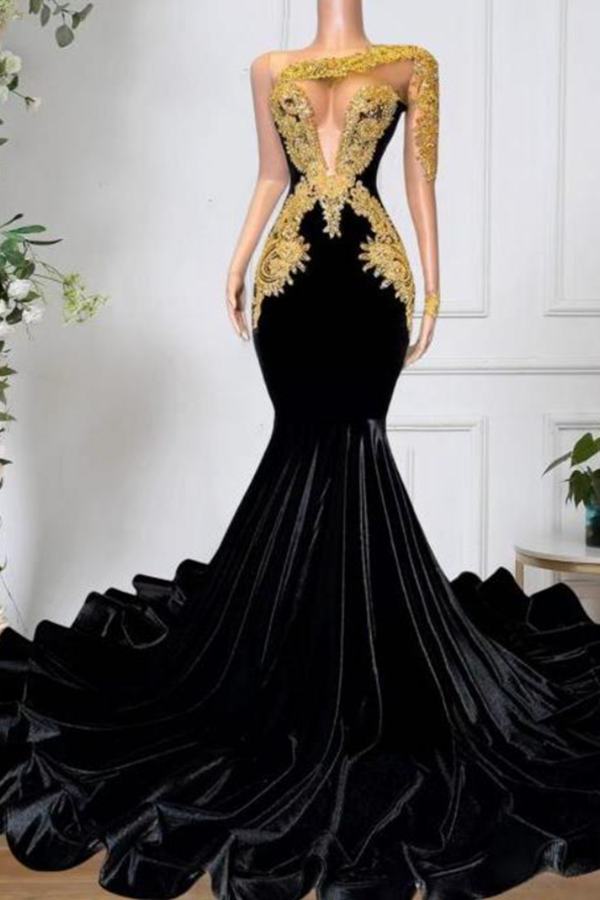 Amazing Black One Shoulder Long Sleeve Prom Dress Mermaid With Gold Appliques Beads - lulusllly