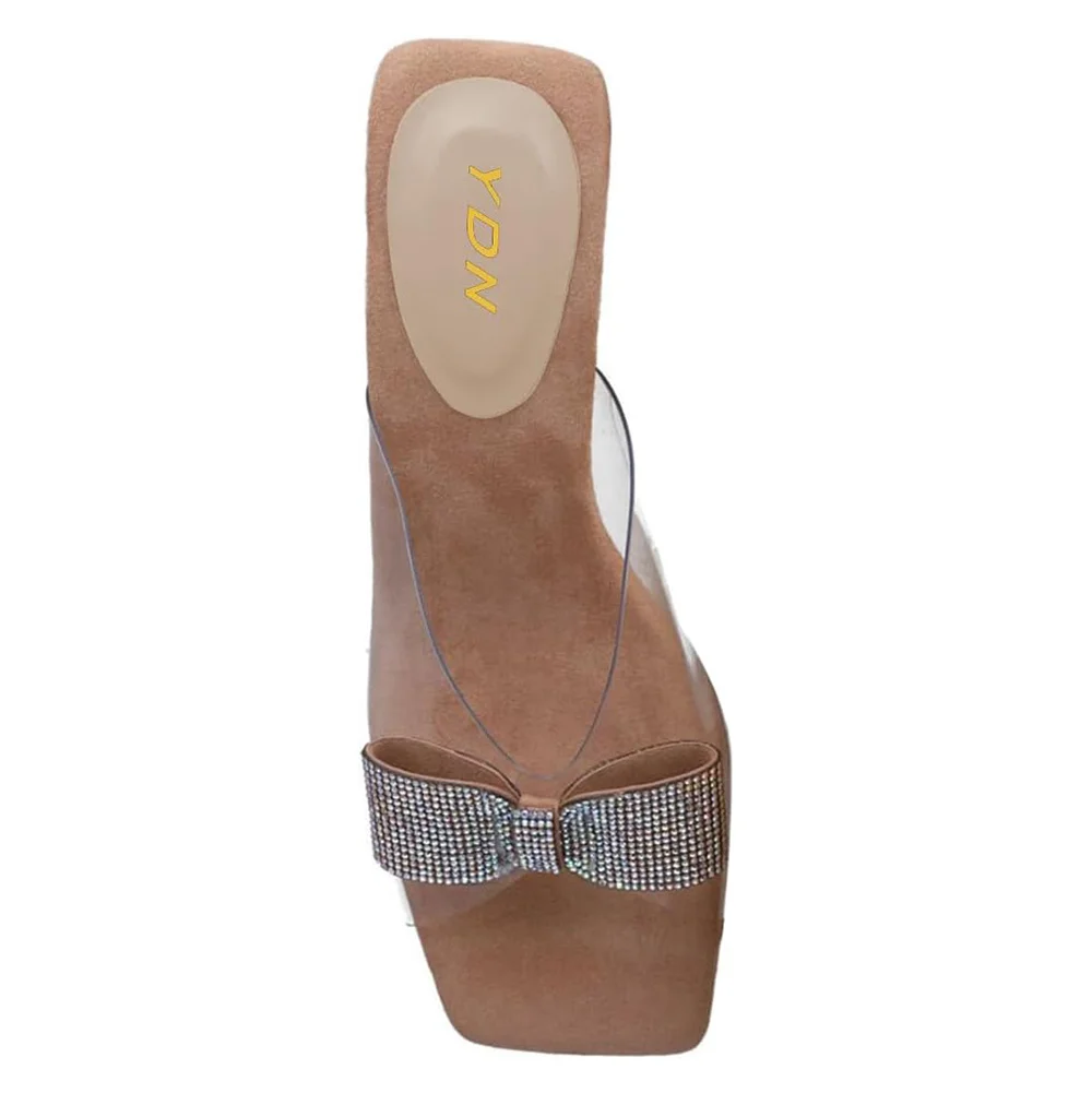 Nude Square Toe PVC Clear Heel Mules Sandals with Rhinestone Bow