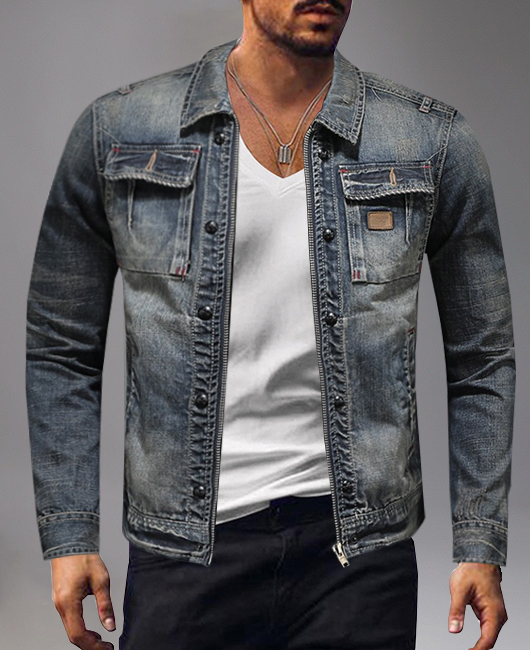 Fashion Shirt Collar Chest Pocket Zipper Denim Jacket